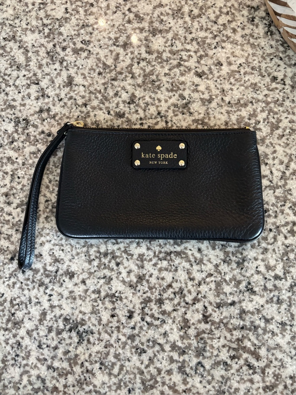 KATE SPADE Black Pebbled Leather Wristlet with Gold Hardware - like new
